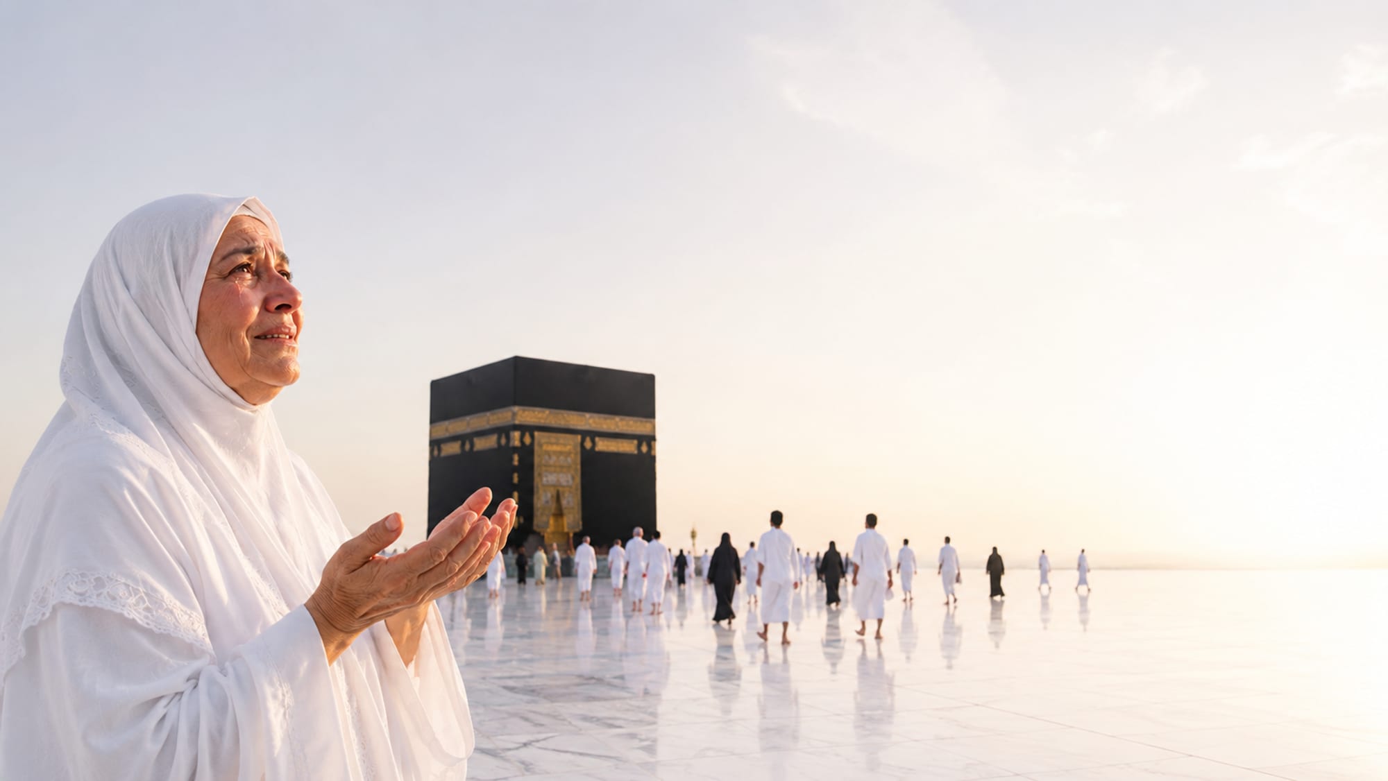 Oq ihromdagi ziyoratchi ayol Kaaba oldida duo qilmoqda — Makka, Masjidul Haram